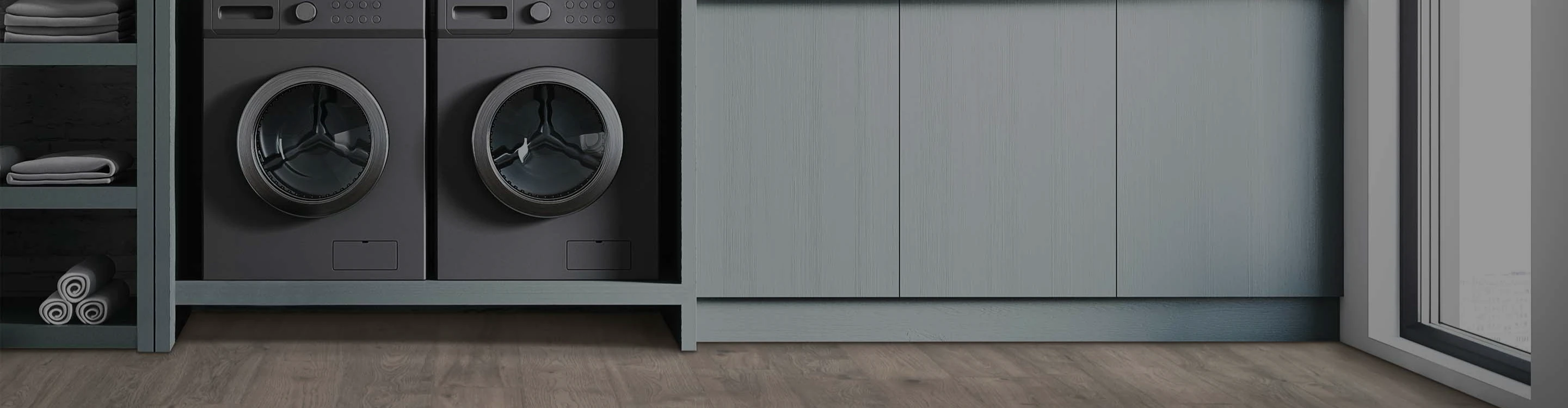 Vinyl flooring in laundry room with gray cabinets