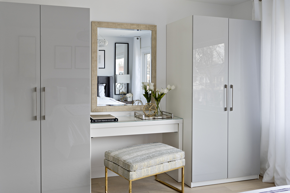 Closets in multifunctional bedroom with vanity and mirror in between for full use of the space