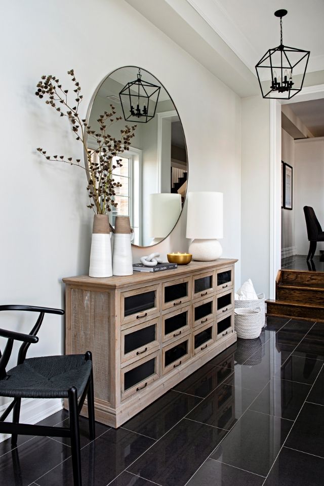 farmhouse hall table, black tile Design by HIBOU DESIGN + CO Photography by MIKE CHAJECKI